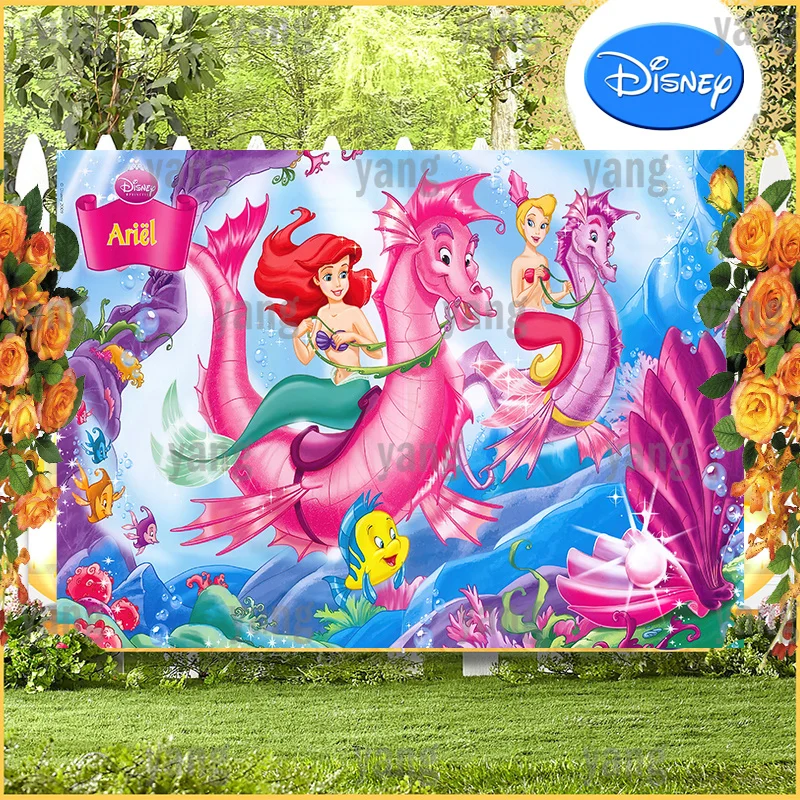 DIY Red Hair Princess And Hippocampus Disney Background Little Mermaid Undersea Girls Baby Shower Birthday Party Backdrop Banner