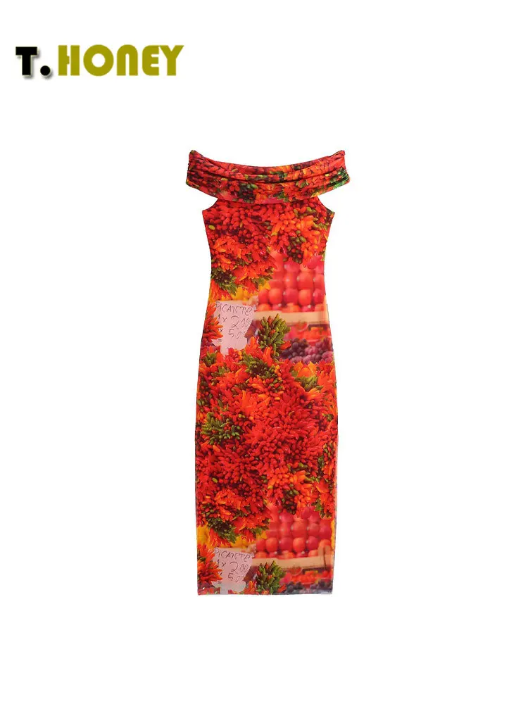 

TELLHONEY Women Fashion Slash Neck Print Mesh Print Dress Female Casual Sleeveless Slim Fitting Hem Slit Midi Dresses