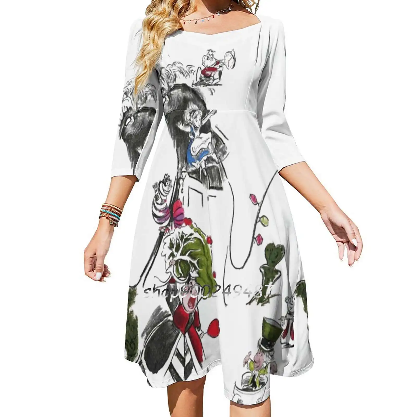 

Story Lines-Alice In Characters Flare Dress Square Neck Dress Elegant Female Fashion Printed Dress Alice In Alice In Characters