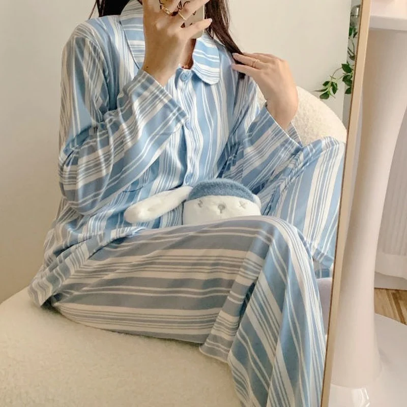QWEEK Women Loungewear Two Piece Set Summer Autumn Pajamas Blue and White Stripes Pijamas Simple Style Cute Pyjamas Sleepwear