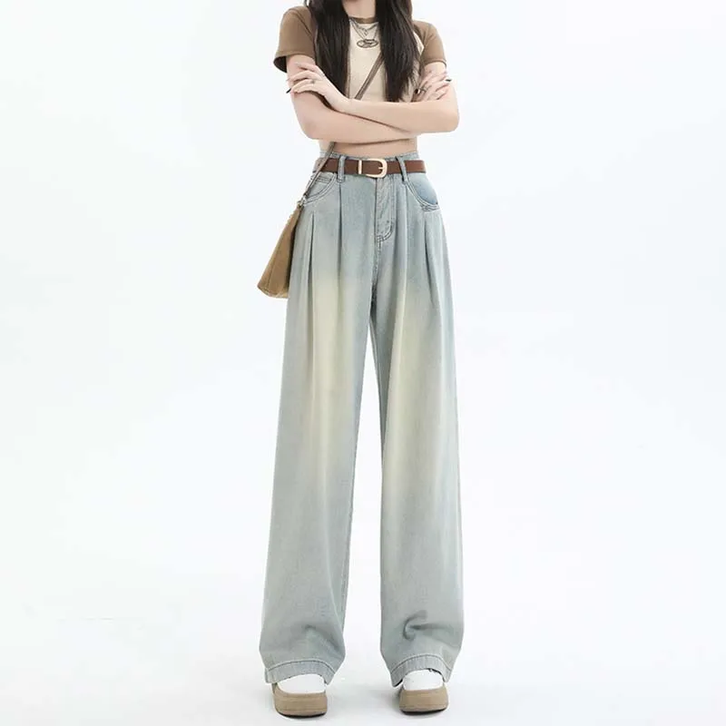 Women Fashion Versatile Vintage Wide Leg Pants Loose Pleated Straight Jeans Fashion Casual New Double Pockets Korean Trousers