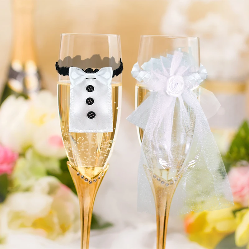 

2pcs/set Wedding Bride And Groom Dress Wine Glass Cups Champagne Cup Cover Ornaments Bridal Shower Bachelorette Party Decoration