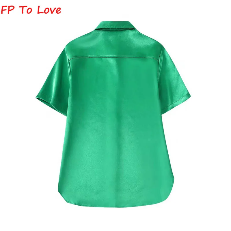 Элегантная Зеленая атласная рубашка с коротким рукавом ярко-голубая однобортная