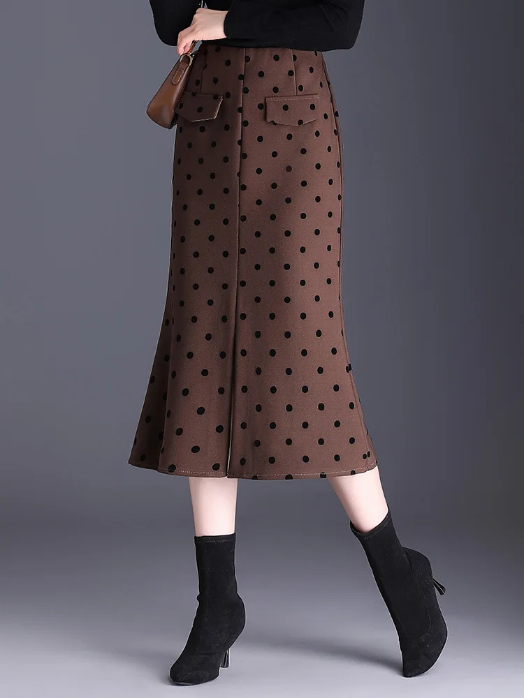 Женская осенне-зимняя черная/кофейная юбка-карандаш в горошек с высокой талией