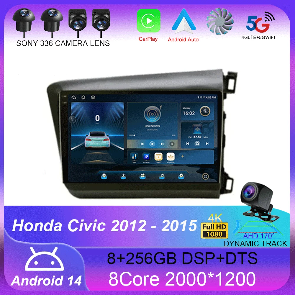 9-дюймовый для Honda Civic 2012 2013 2014 2015 Android 14 WIFI Автомобильный радиоприемник