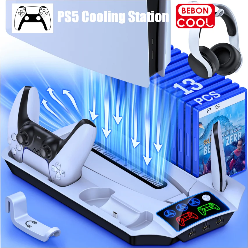 

Vertical Cooling Stand for Sony Playstation 5 Disc/Digital Console 3 Mode Led Cooler Fan for PS5 Newest Controller Charging Dock