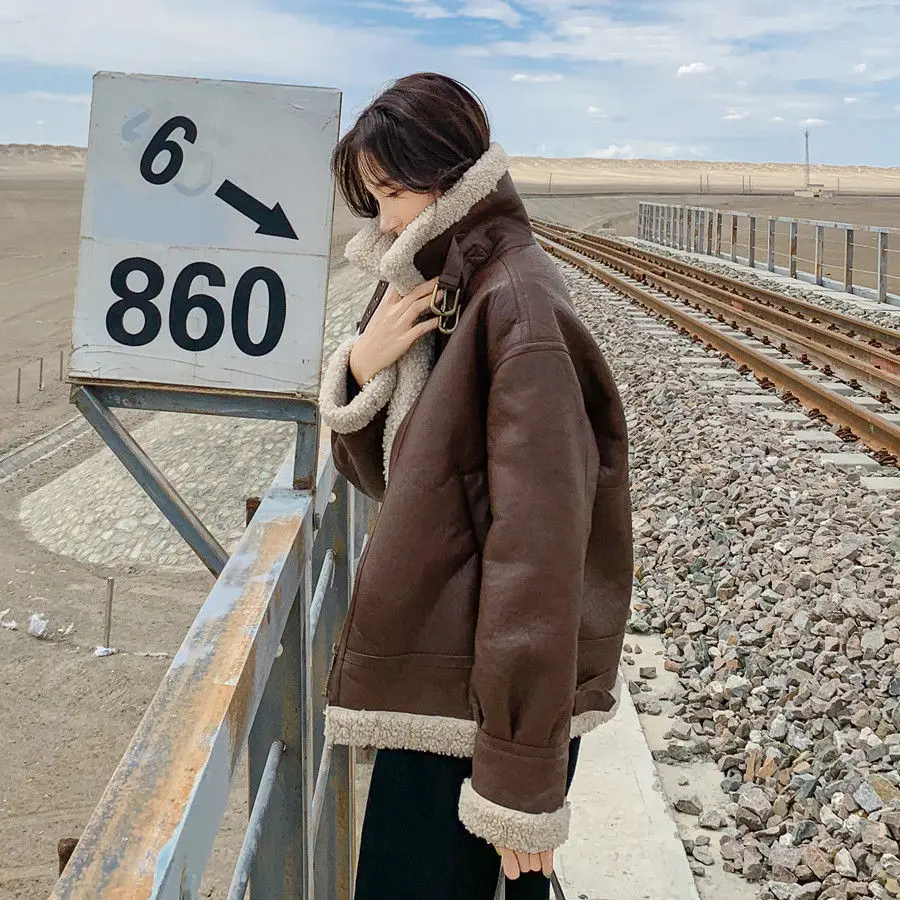 Winter Imitation Lamb Wool Jacket Women 2021 New Autumn and Winter Imitation Stitching Cashmere Leather Motorcycle Jacket  J0258