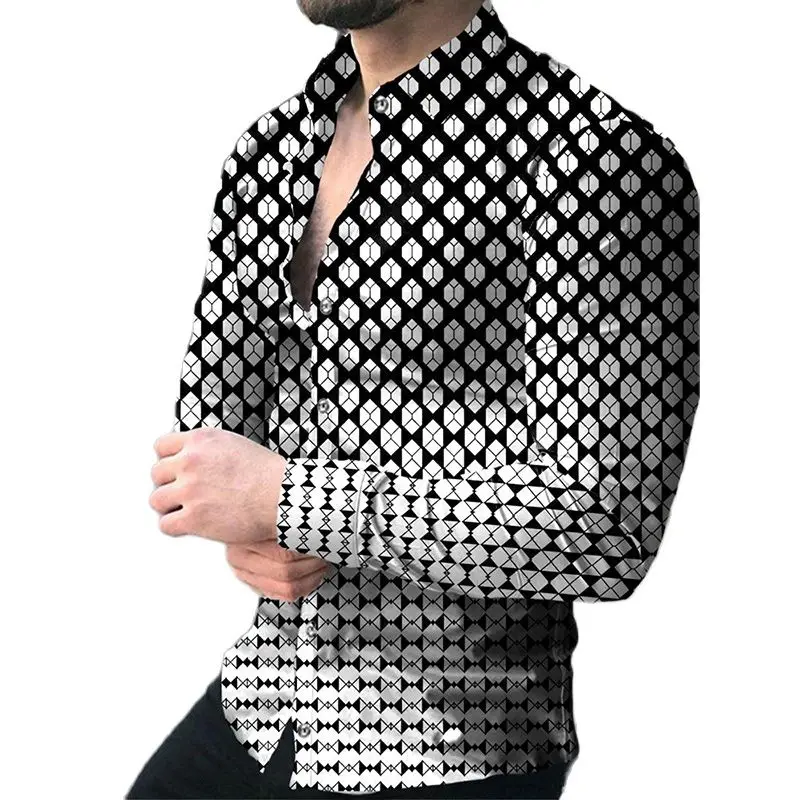 

New Autumn Fashion Social Men Shirts Turn-down Collar Buttoned Shirt Casual Diamond Print Long Sleeve Tops Mens Clothes Cardigan