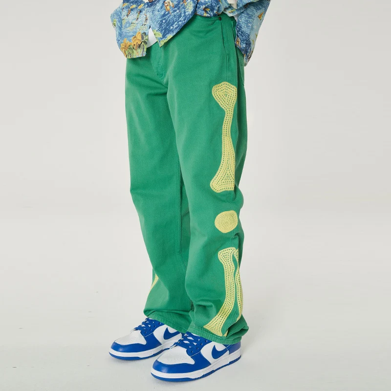 Japanese Fashion Brand Kapital Hiroda Hiroshi Bone Embroidery Trend Versatile Loose Casual Pants Jeans Male Retro Green Trousers