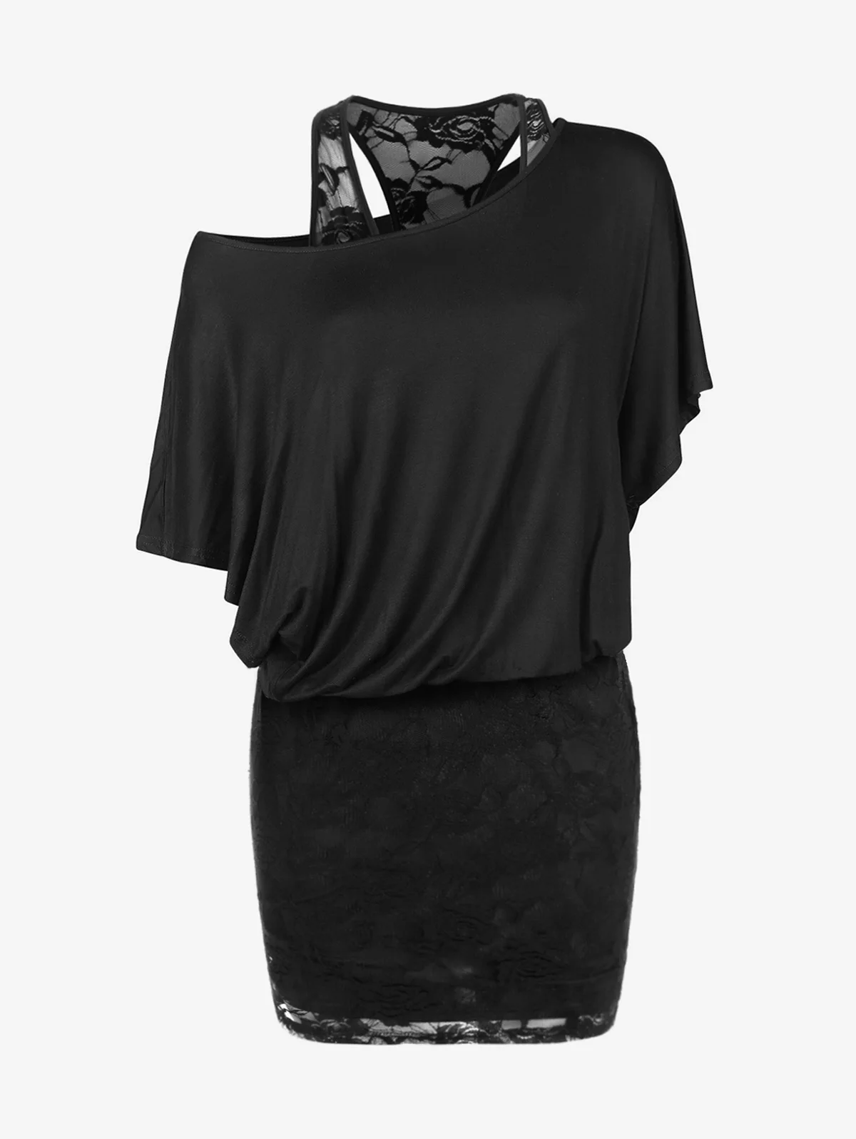 

ROSEGAL Skew Neck Blouson Bodycon Dresses Ladies Summer Faux Twinset Business Office Batwing Sleeve Mini Dress Black