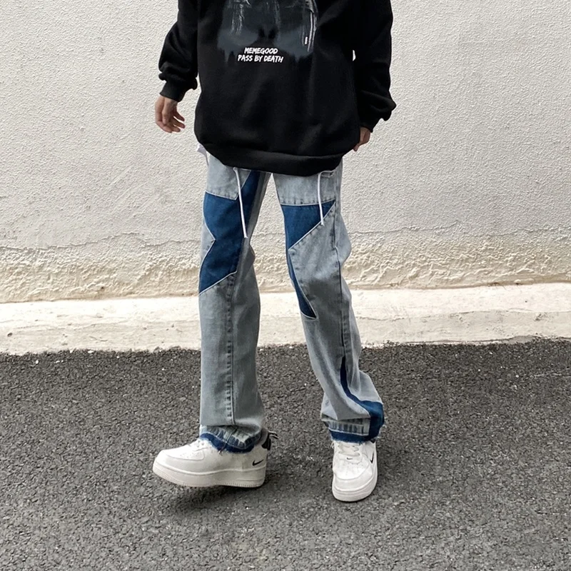 Jeans High Street Washed Old Jeans Men American Fashion Brand Five Points Star Stitching Loose Straight Couple Hip Hop Pants