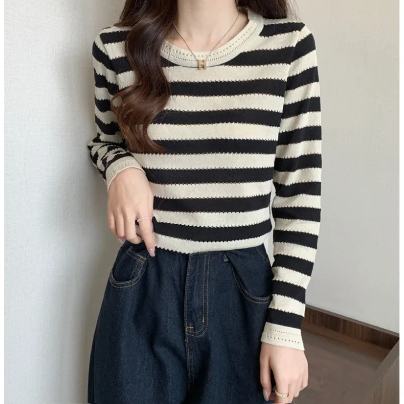 Женская Винтажная футболка в полоску ТРИКОТАЖНЫЙ УКОРОЧЕННЫЙ ТОП с длинным