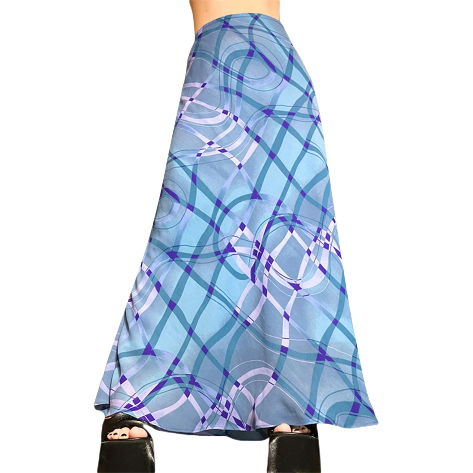 

Women's Retro Long Skirts High Waist Abstract Line Print Ankle Length Skirt with Butterfly Wing Decoration