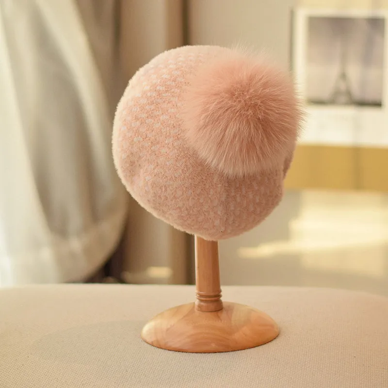 

Fur Ball Beret Female Leopard Print Cute Cap Winter Retro Easy Matching Pumpkin Hat