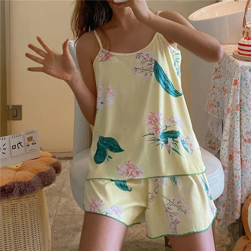 

New Sleepwear Cartoon Cotton Pajamas for Women Shorts+Tops Sleeved Summer Spring Loungewear Fashion Home Clothing Homewear