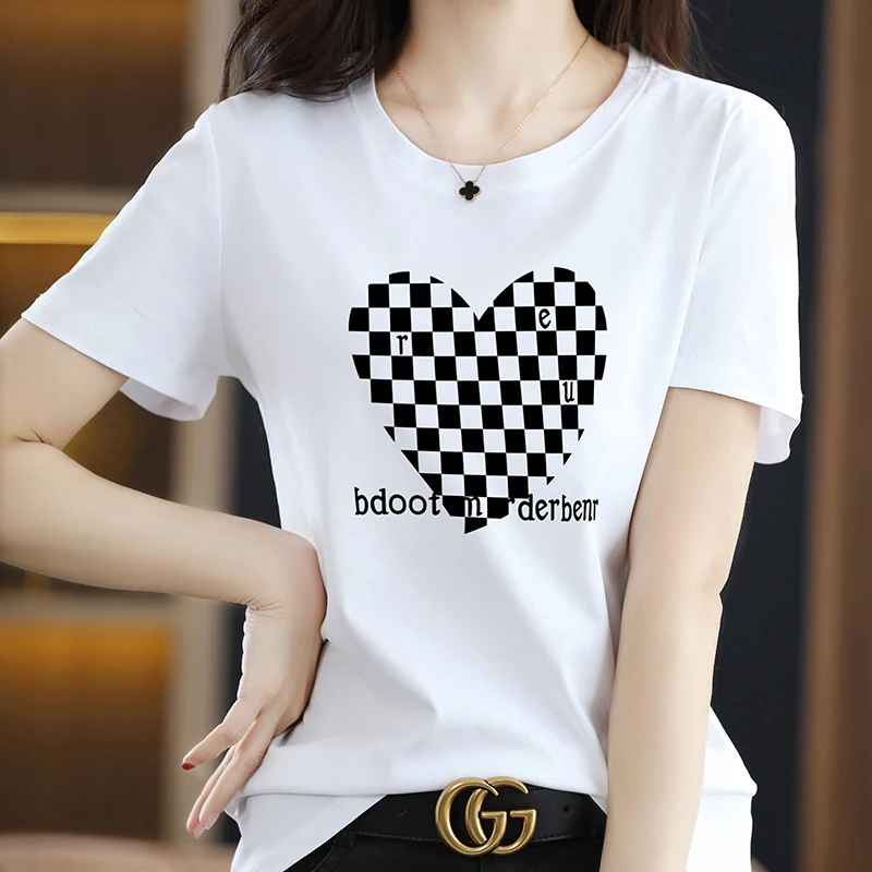 

Summer Women's Classic Mercerized Cotton New T-Shirt Loose Fashion Skin-Friendly Chic Round Neck Cute Printed Top Short Sleeve