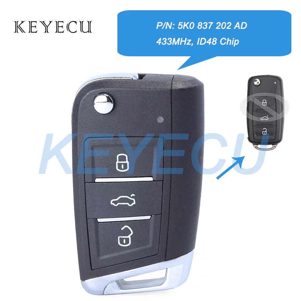 Keyecu 5K 0837202 AD 434 МГц ID48 чип 3 кнопки обновленный флип-брелок для Volkswagen Golf Passat Tiguan Polo