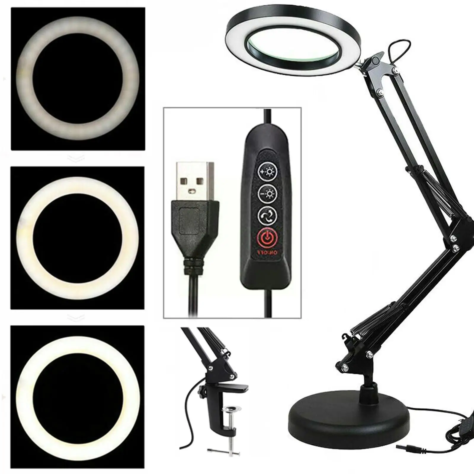 

Metal Magnifier Table Lamp 2.25X Magnifier Glass Flexible Color Illuminated Arm 3 Clamp-on Light Dimmable LED Swing Desk I2G6