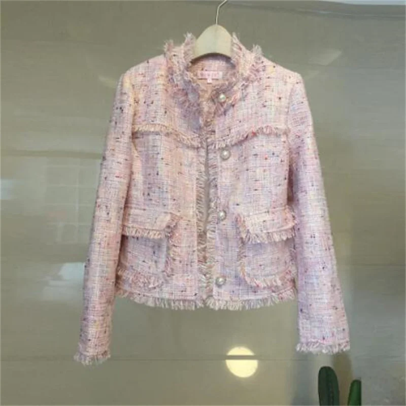 Short coat women jackets tassel fringe pocket spring autumn new tweed beaded button small fragrance pink