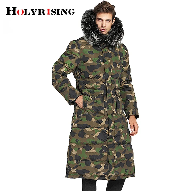 

Holyrising Extra long down jacket men's over the knee thick plus size big fur winter men down coat -20C White duck down 18996-5