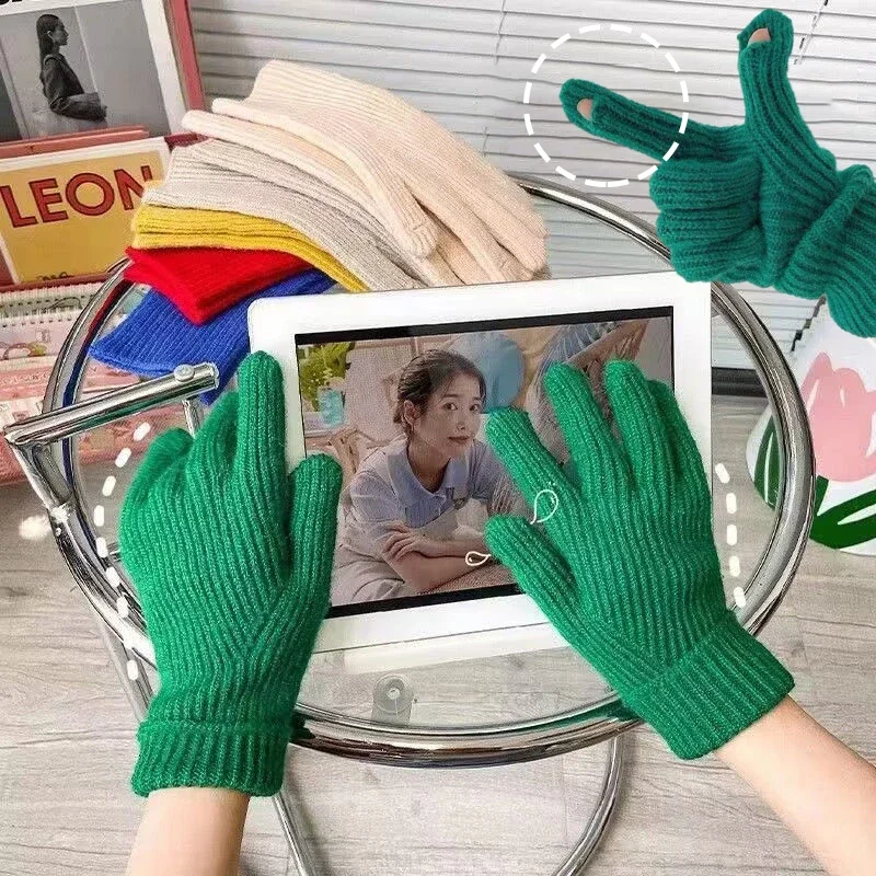 

Korean Style Women's Winter Gloves Cute Plush Warm Knitted Riding Gloves Women Solid Mittens Fluffy Work Students Girls Glove