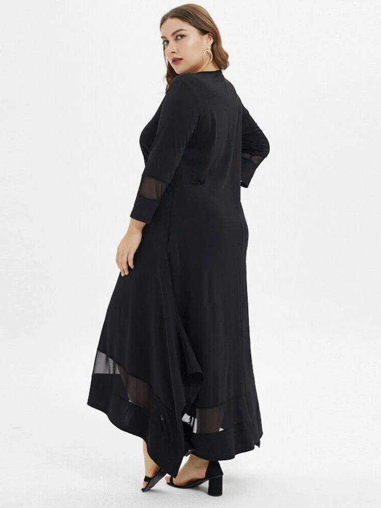 New best-selling plus-size women seven-point sleeve mesh crewneck splicing slit Muslim plus size dresses
