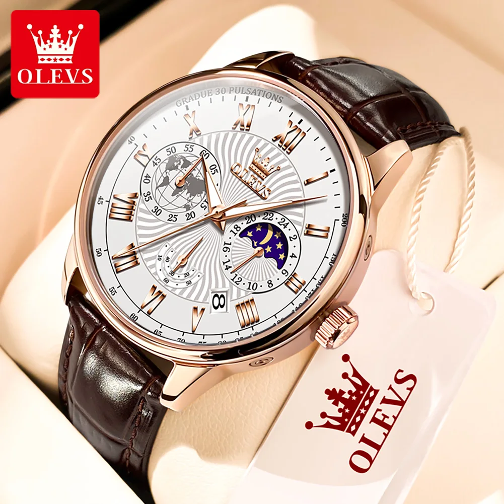 

OLEVS Original Moonswatch Fashion New Quartz Watch for Men Leather Strap Waterproof Men's Chronograph Moon Phase Man Wristwatch