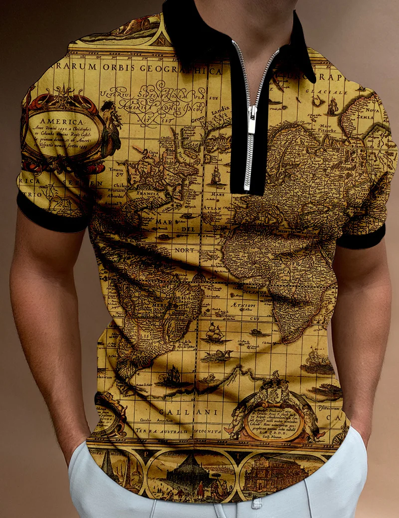 

Polo Shirt Men's Vintage The Map 3D Printing Zipper Polo Shirt Unisex Fashion Striped POLO Shirts Men Short Sleeve Men Polo Top
