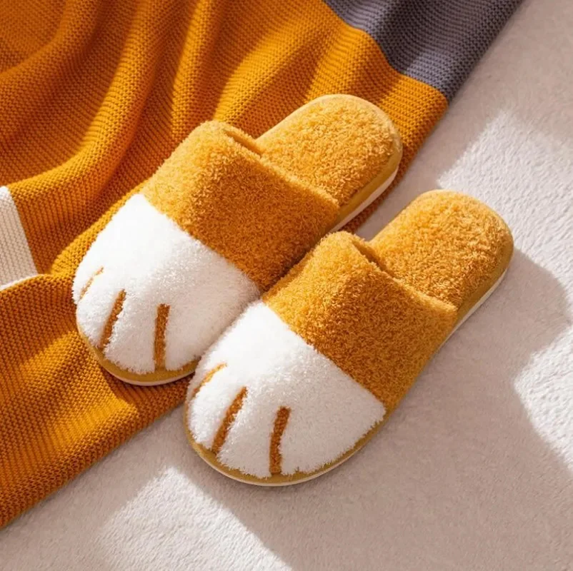 

Winter Warm Plush Slippers Cute Cat Paw Designer House Women Fur Floor Mute Bedroom Lovers Indoor Fluffy Shoes