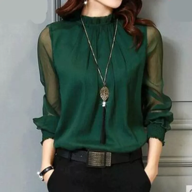 

Chiffon Blouse New Women Tops Long Sleeve Stand Neck Work Wear Shirts Elegant Lady Casual Blouses women's blusas clothe