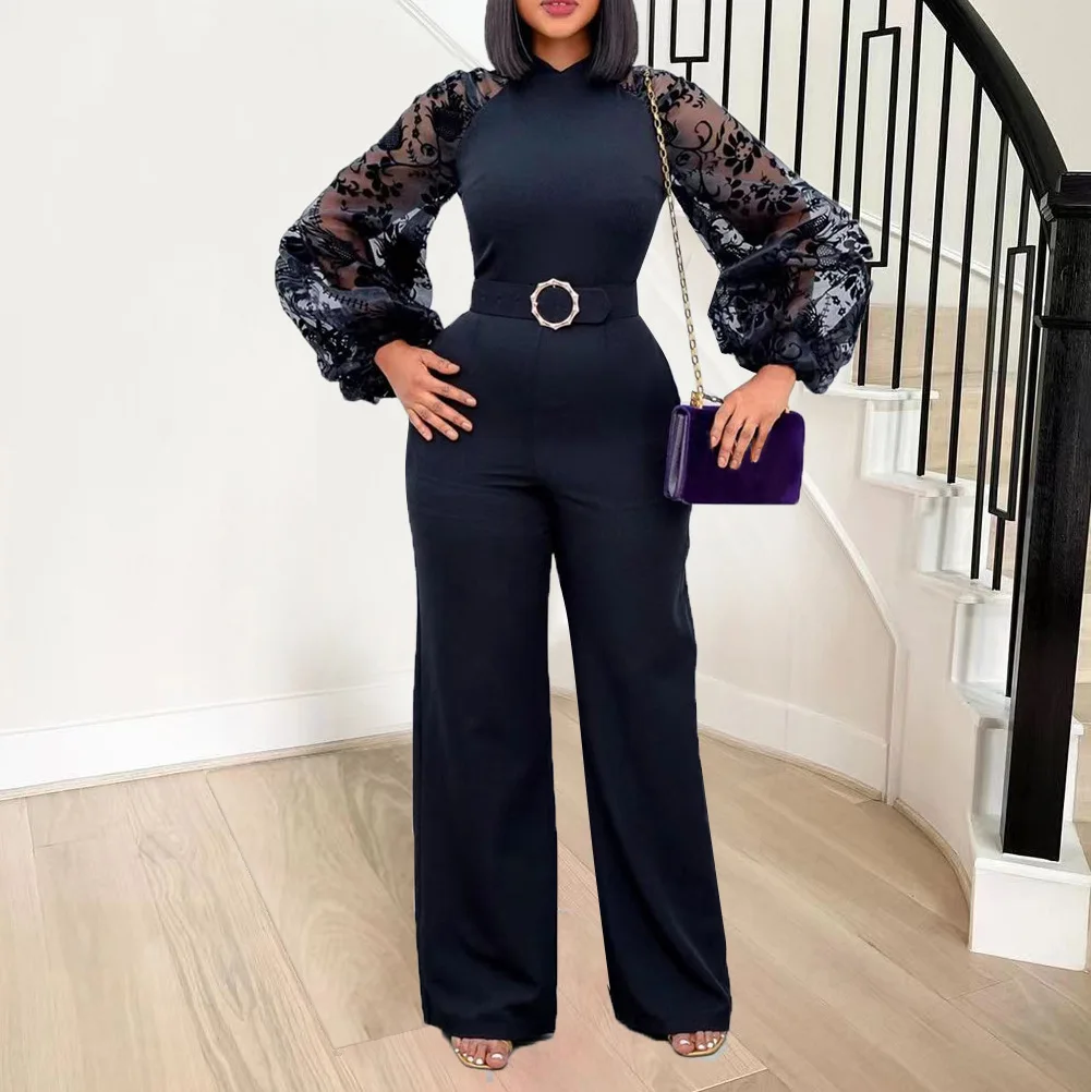 

Women African Wide Leg Jumpsuit Belt Stand Collar Mesh Lantern Sleeve Clothes Ladies Sexy Slim European American Pants Plus Size