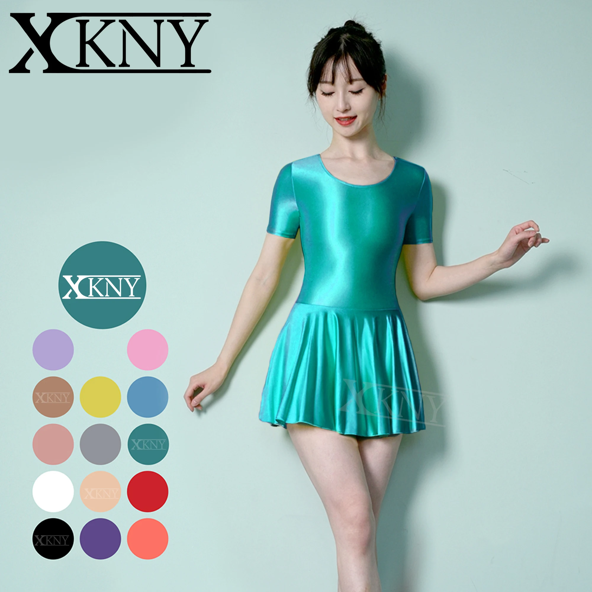 XCKNY Satin silky dress sexy tight sports Yoga swim ballet skirt  short sleeve umbrella dress glossy skirt party dress leotard