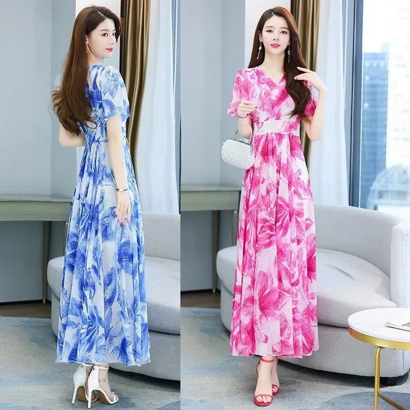 2024 новое летнее женское платье средней длины утягивающая талия большая юбка