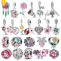 hot luxury pink flower beads charms fit original 925 silver pandora bracelets bangle make diy for women jewelry gift