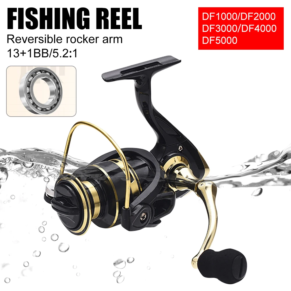 

Spinning Reel DF1000-5000 Fishing Reel Metal Spool 5.2:1 Gear Ratio 13+1BB Reversible Rocker Arm Saltwater Freshwater Tackle