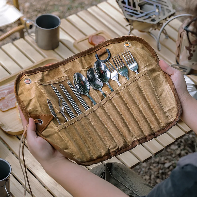 

Outdoor Cutlery Storage Bag Tableware Set For 3 Persons Stainless Steel Spoon Chopsticks Fork Over Wax Canvas Bag Camping