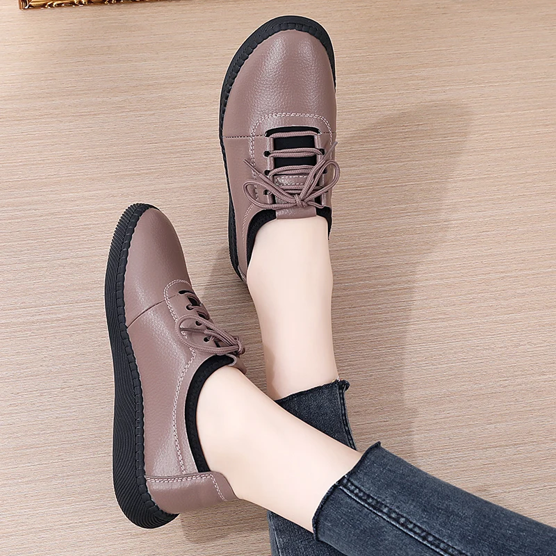 Spring Women Flats Loafers Shoes Genuine Leather Casual Shoes Female Flats Lace Up Loafers Casual Slip-on Walking Shoes Woman