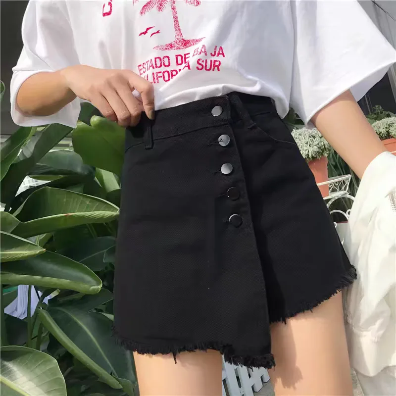 Summer Women's Jeans Skirt Shorts High Waist Irregular Shorts Skirts Fashion Raw Edge Fake 2 Piece Wide Leg Skirt Denim Shorts