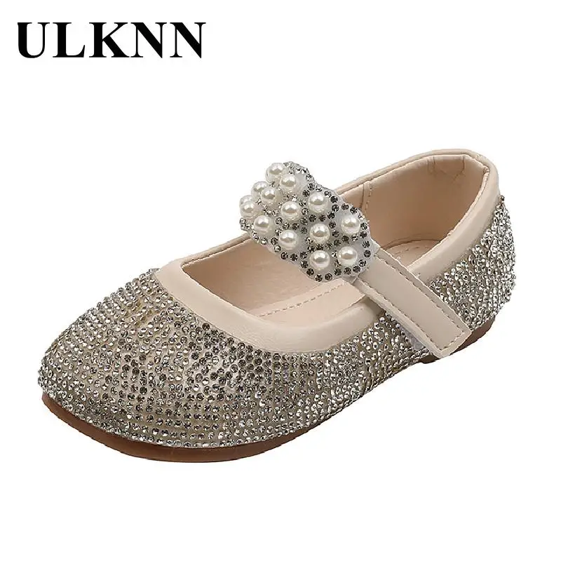 ULKNN Girls Crystal Princess Shoes 2022 New Children's Pedal Pearl Rhinestone Shoe Kid's Shiny Fashion Leather Flats BBWC01