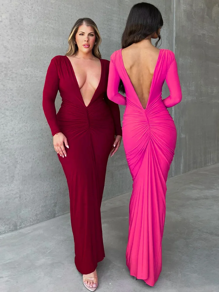 

Платье-макси с V-образным вырезом, длинным рукавом и рюшами