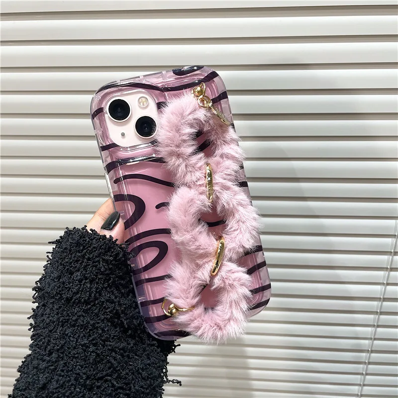 

Luxury Plush fur chain bracelet zebra print silicone case For iphone 11 12Pro 14 14pro 13 Pro Max Clear shockproof cover capa