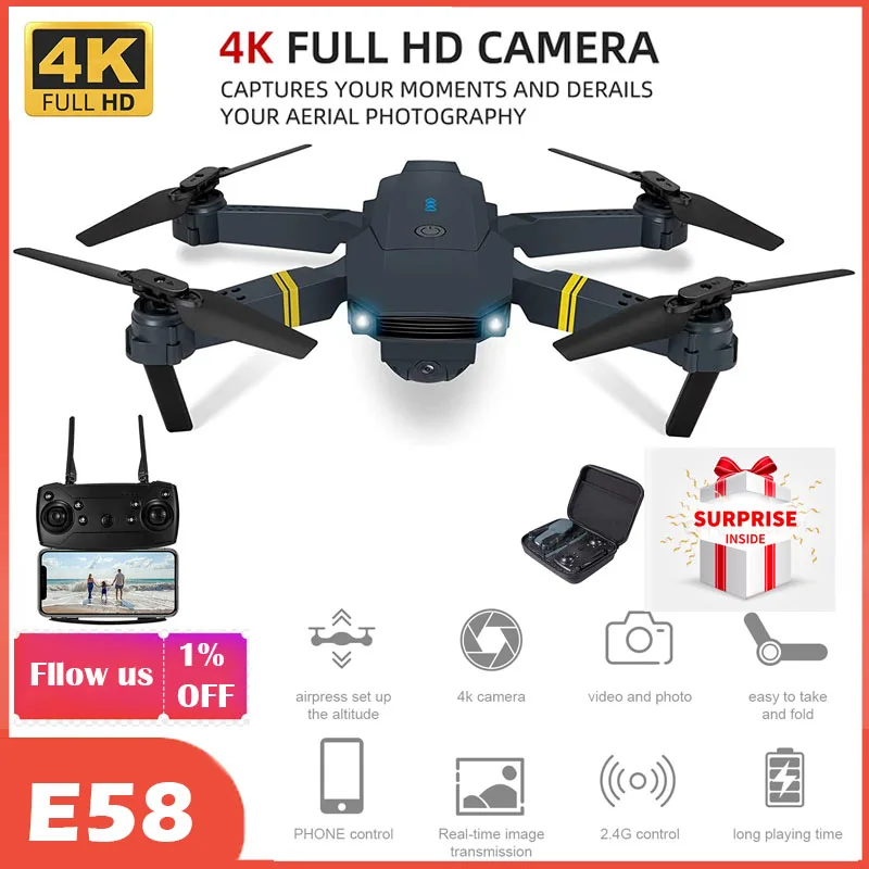 

NEW E58 RC Drone WiFi FPV Altitude Hold Foldable Quadcopter with Battery 1080P 4K HD Camera RC Drone Helicopter Drone Gift Toys