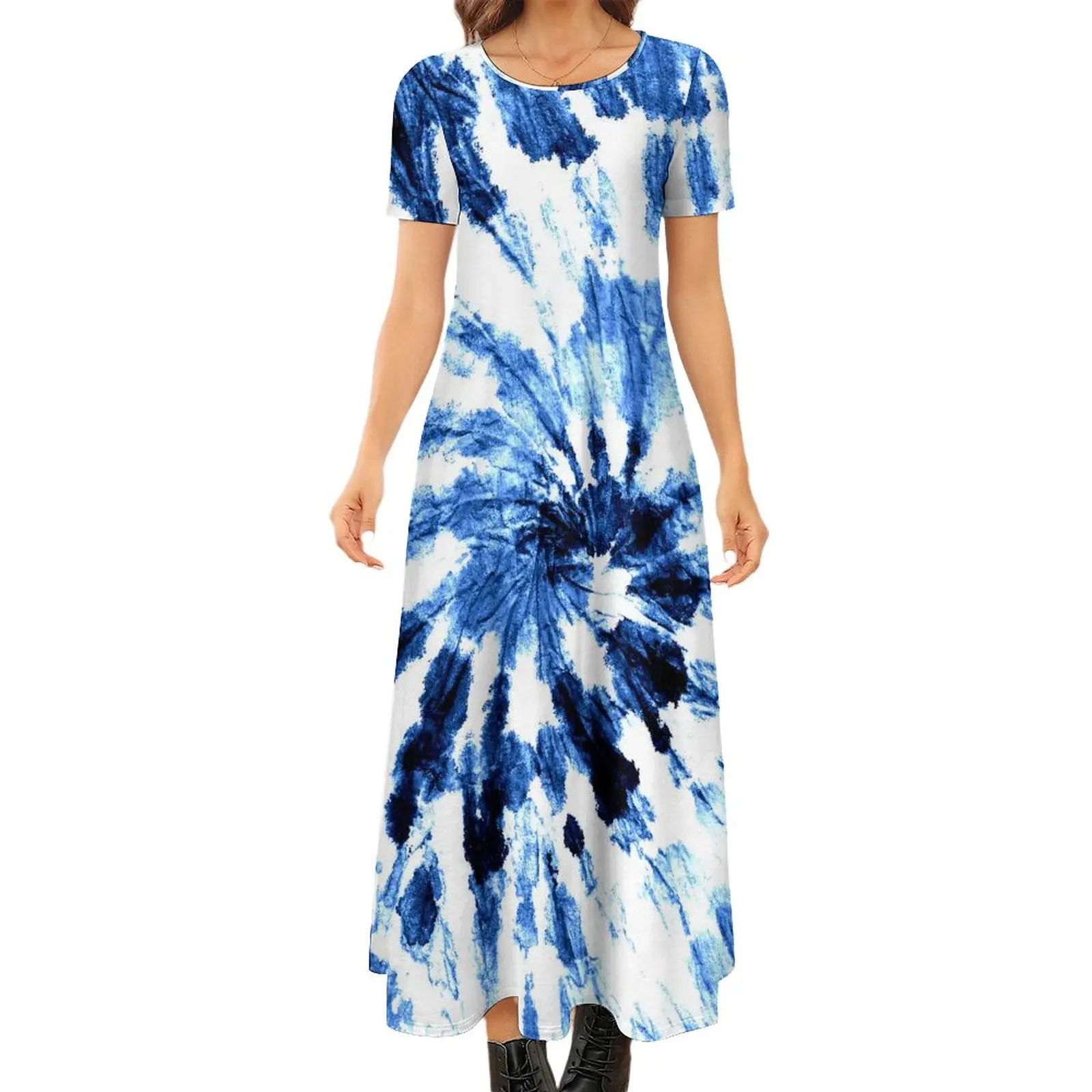 

Платье-Макси женское с коротким рукавом, милое пляжное с абстрактным принтом, в стиле бохо, с закручивающейся краской, уличная одежда, голуб...