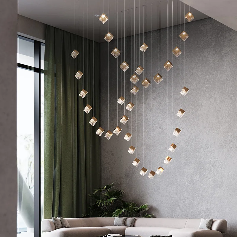 

Vintage Crystal Cube LED Chandelier Nordic Luxury Home Decor Living Room Ceiling Lamp Restaurant Hotel Villa Stairs Hanging Lamp