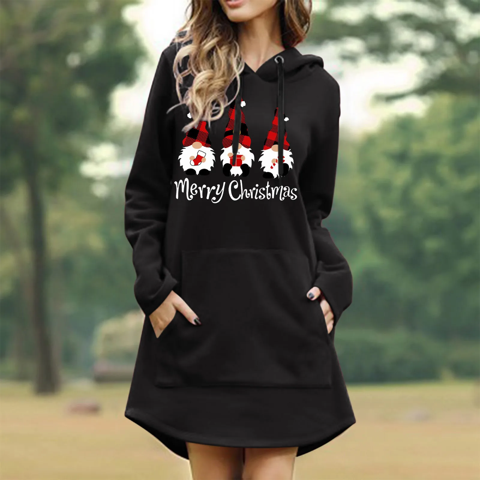 

Women Drawstring Print Top Hooded Christmas Pocket Long Sleeve Sweater Dress Womens Fuzzy Hoodies Women Sweatshirt Pullover