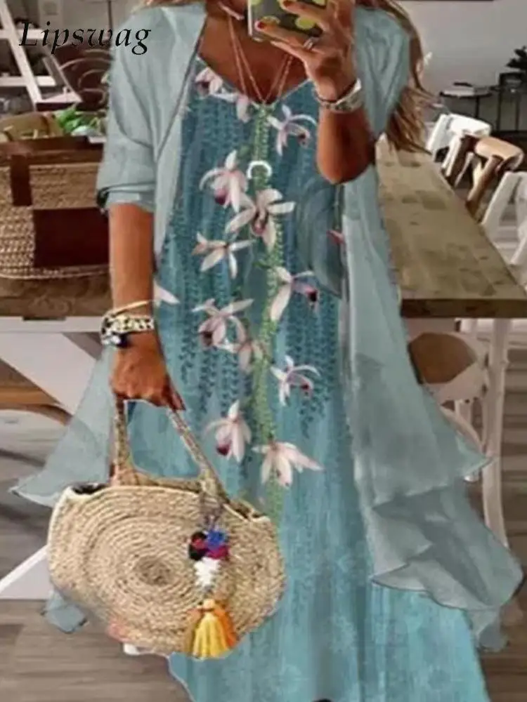 

New Lady Casual Long Sleeve Outfits Women Vintage Pattern Print Two Piece Sets 2022 Spring Fashion V-Neck Tops+Spaghetti Dress