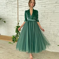 chic velvet half sleeve women dress ankle length evening dresses green tulle long dress plus size elegant dresses for women