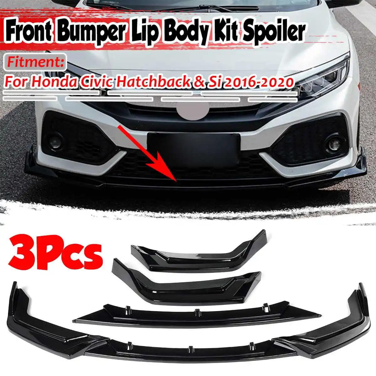 

3Pieces Car Front Bumper Lip Deflector Lips Splitter Body Kit Spoiler Guard Cover For Honda For Civic Hatchback & Si 2016-2020