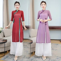 2022 traditional chinese qipao dresspants set festival clothes elegant folk dance suit cheongsam mesh dress elegant party dress