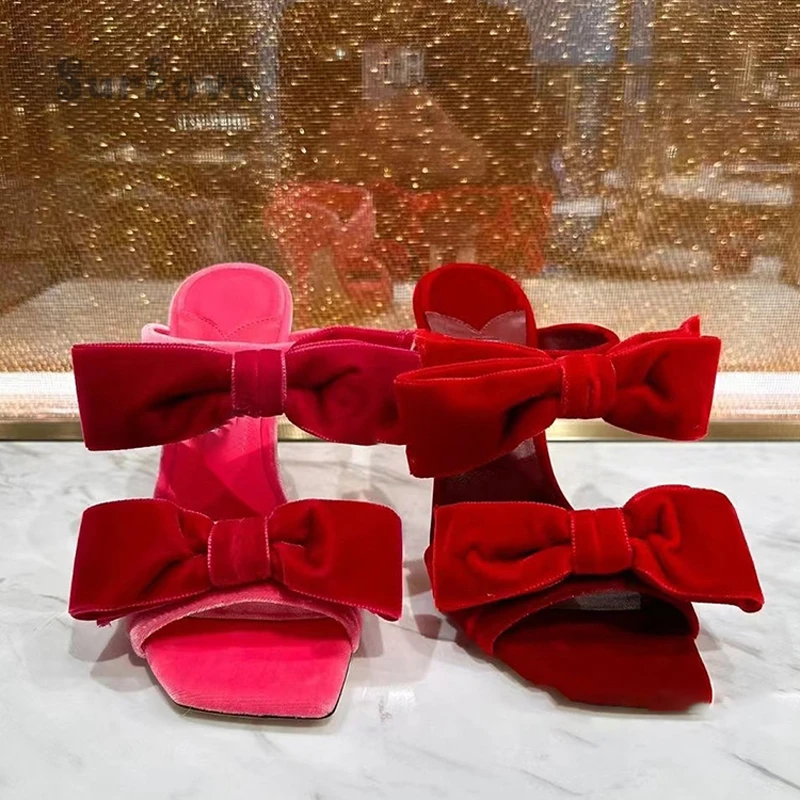 Velvet Butterfly-Knot Sandals Sweet Open Toe Red Black High Heels Pumps Elegant Stilettos Wedding Shoes Casual Dress Slippers